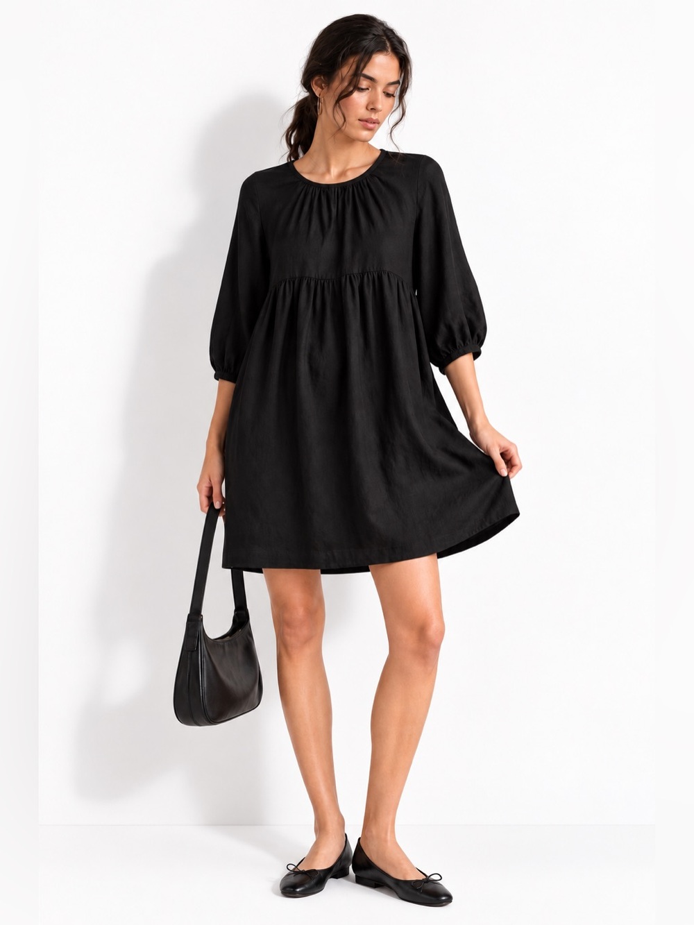 Aritzia Wilfred Black Babydoll Mini Dress Silk Trim 3/4 Sleeve